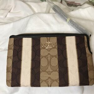 Coach Brown and Cream Wristlet with Striped Pattern NWT